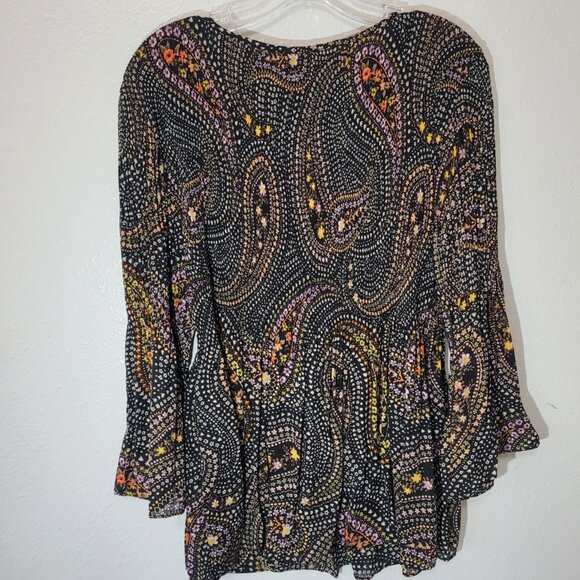 Ninety Brown Paisley Pleated Blouse with Bell Sleeve Size M - Boho Flowy - Picture 3 of 10